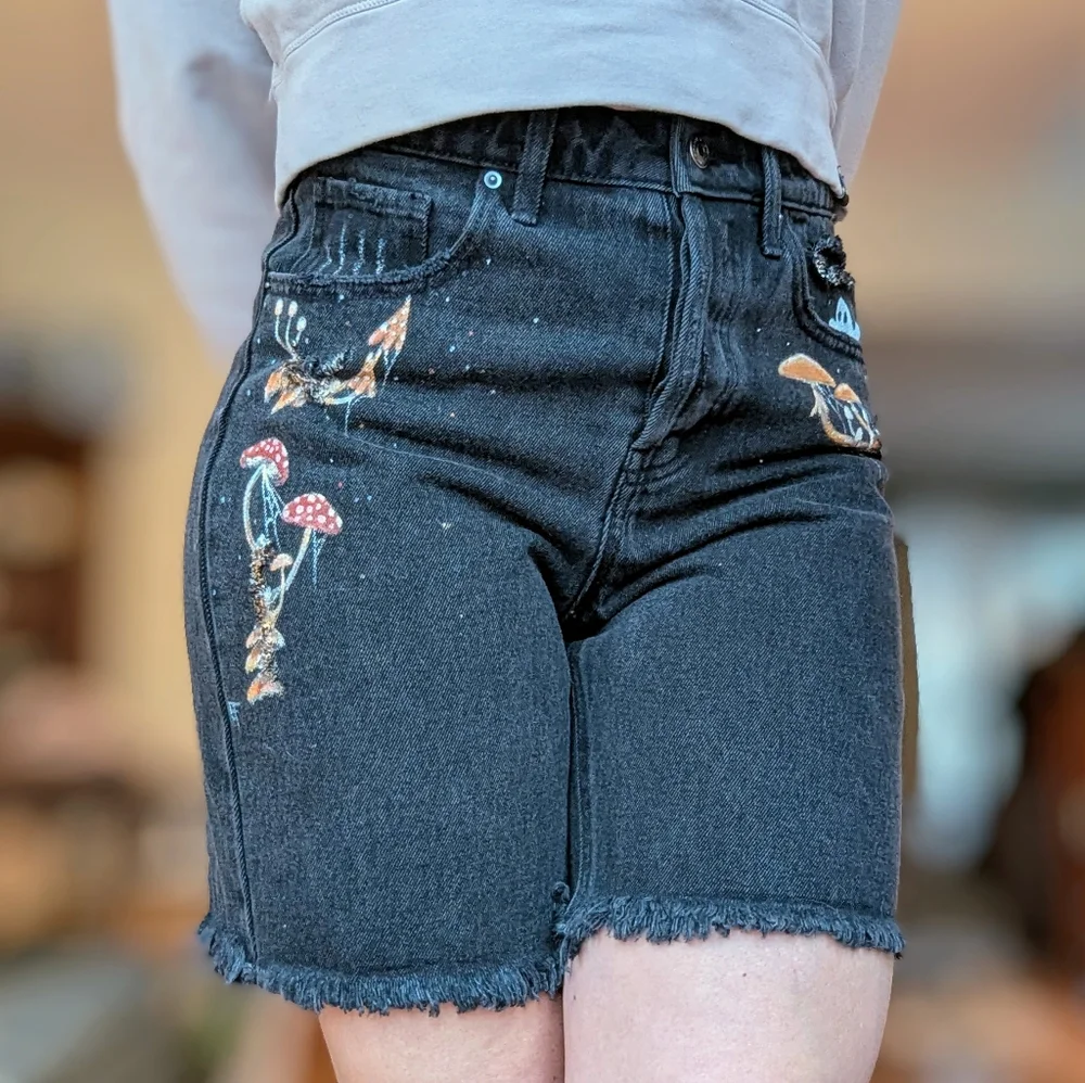 Handpainted Black Bermuda Jean Shorts with Mushroom Streetware - Picture 2 of 4